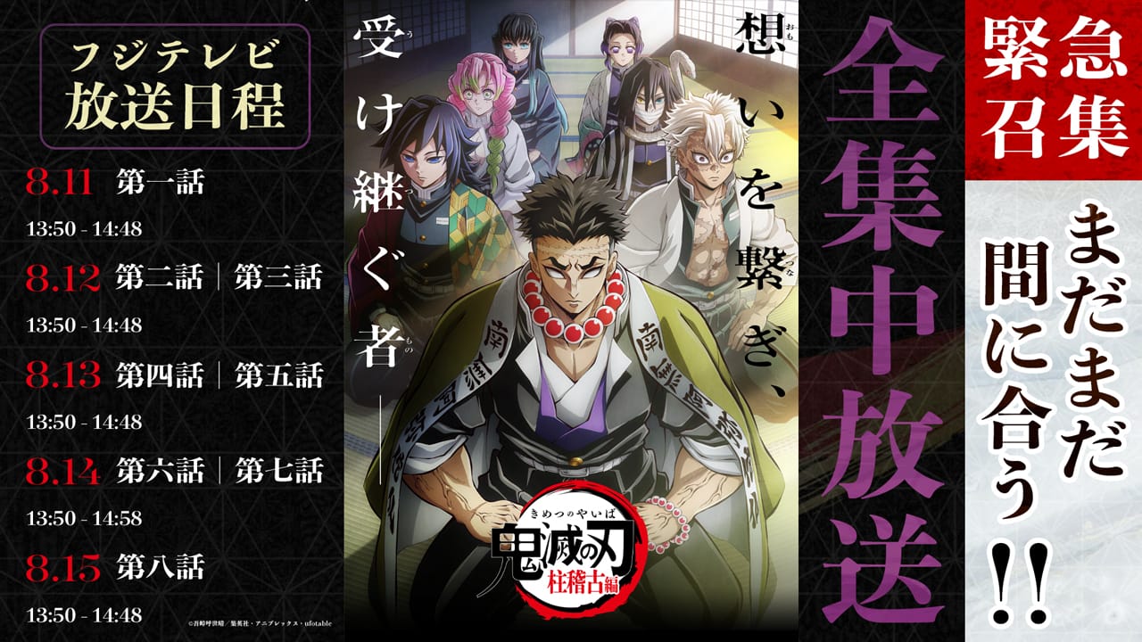 「鬼滅の刃 柱稽古編」5日連続再放送 決定！8月11日〜8月15日